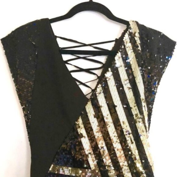 Bebe Dress S NWT Sequin Asymmetrical Sheer Lace Up Holiday New Years Gold - Picture 7 of 11